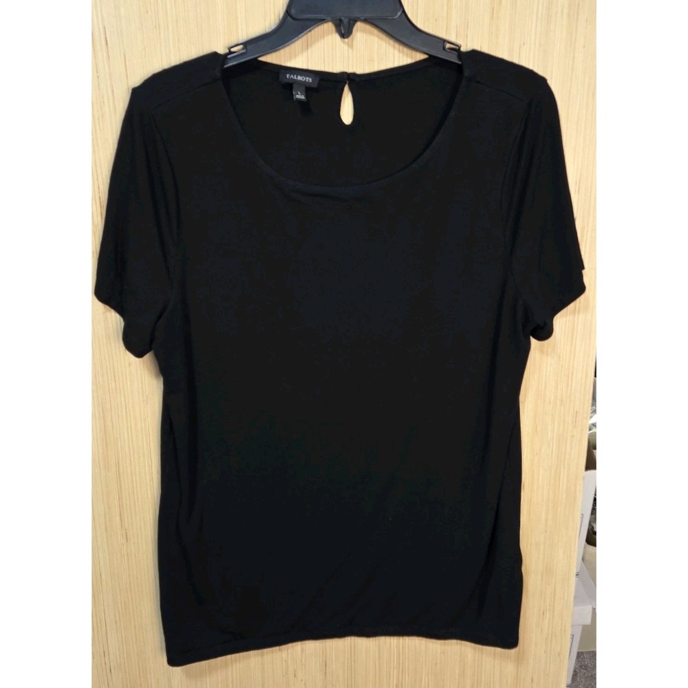 Talbots Sz Large Front Lined Black Key Hole Back 3/4 Sleeve BlouseRound‎ Neck